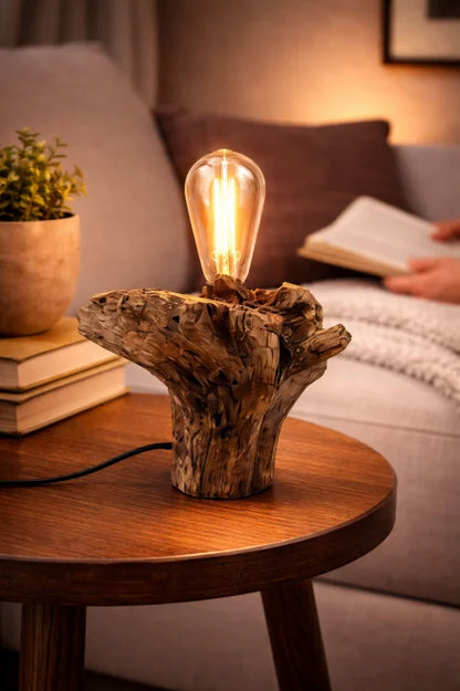 Lampă handmade din trunchi de stejar masiv cu formă organică, bec Edison