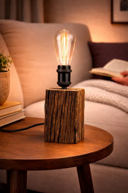 Lampă din trunchi de stejar cu scoarță naturală, bec Edison – handmade